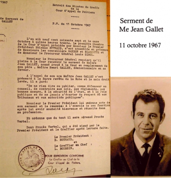 Fig. 2 : Portrait et prestation de serment de maître Jean Gallet, 11 octobre 1967. Cl. Michel Bussière.