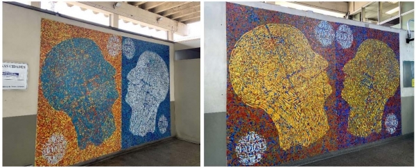 Fig. 3. Alex Flemming, Duas cabeças, 1991. Dos paneles de mosaico / teselados de vidrio. 3,2 x 2,0 m cada uno. Estación Prefeito Celso Daniel, Santo André-São Paulo, Brasil. Fuente: elaboración propia, 2023.