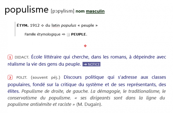 Figure 2 : capture d’écran du substantif populisme dans le PR