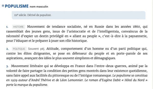 Figure 3 : capture d’écran du substantif populisme dans le Dictionnaire de l’Académie française