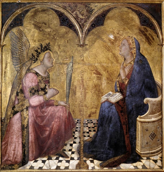 Figure 2. Ambrogio Lorenzetti, Annunciazione, Pinacoteca Nazionale di Siena, 1344. Reproduit avec l’autorisation du Ministère des arts et des activités culturelles. Photo de la BSAE, Sienne et Grosseto
